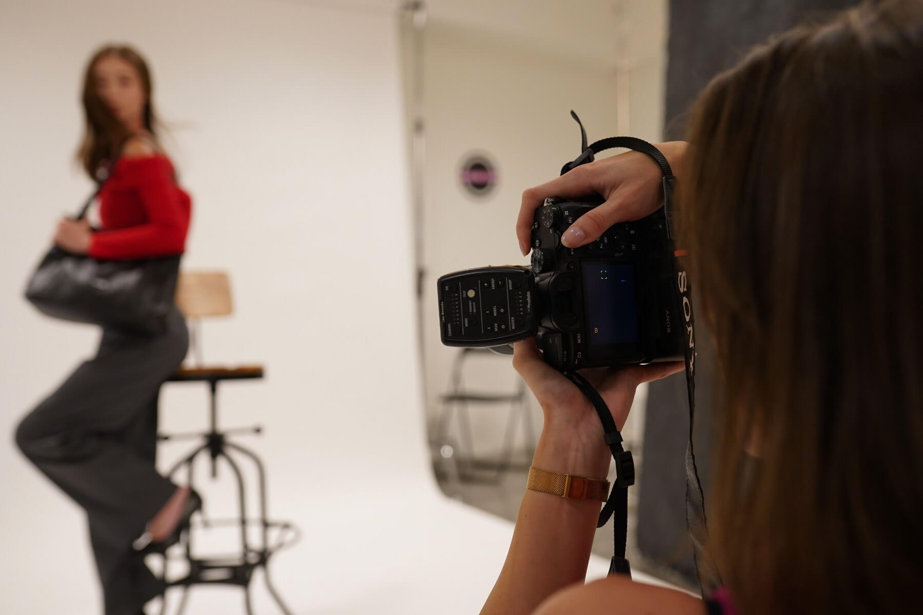 Photographer working with client